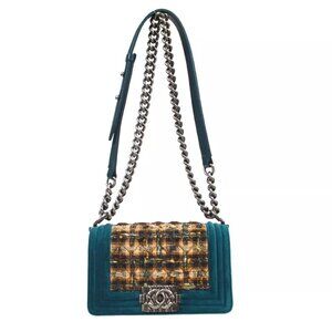 Boy Chanel Double Chain Shoulder Bag Blue Tweed Velvet
